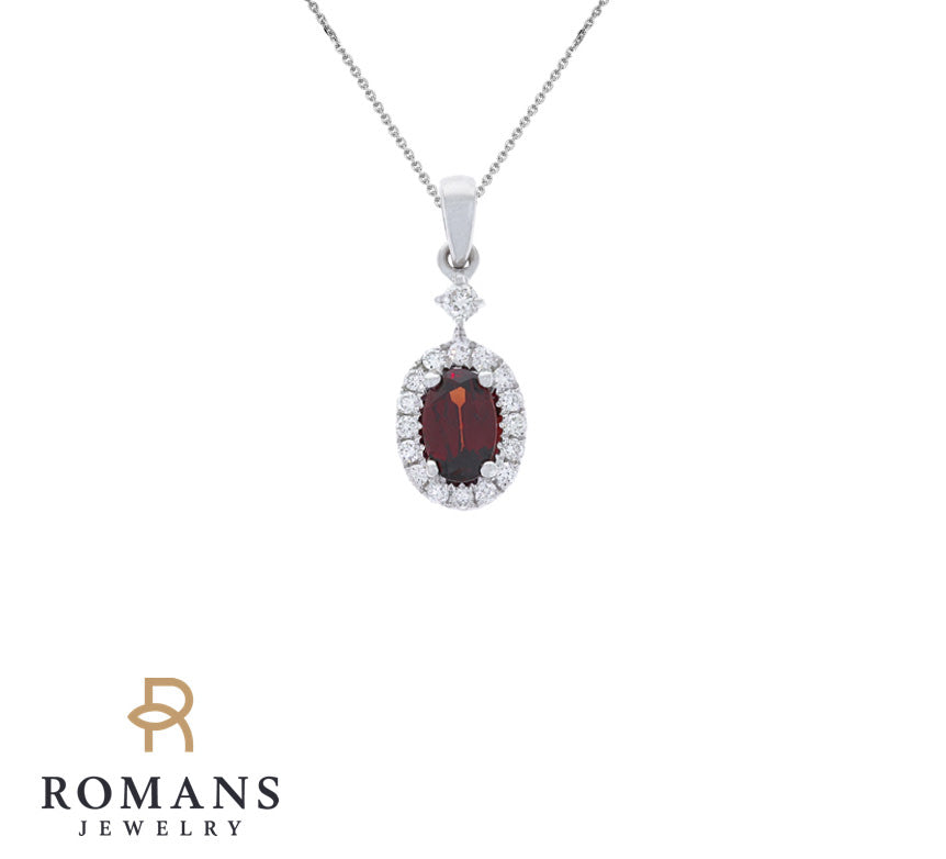 Garnet Diamond Halo Pendant 14K White Gold .58CT
