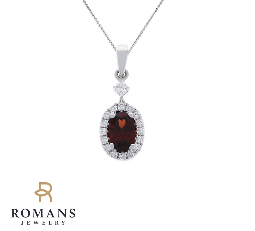 Garnet Halo Diamond Pendant 14K White Gold .58CT