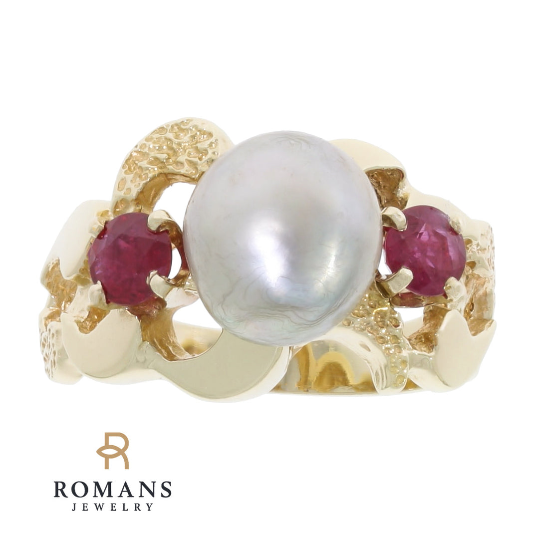 Gray Baroque Pearl Ruby Ring 14K Yellow Gold