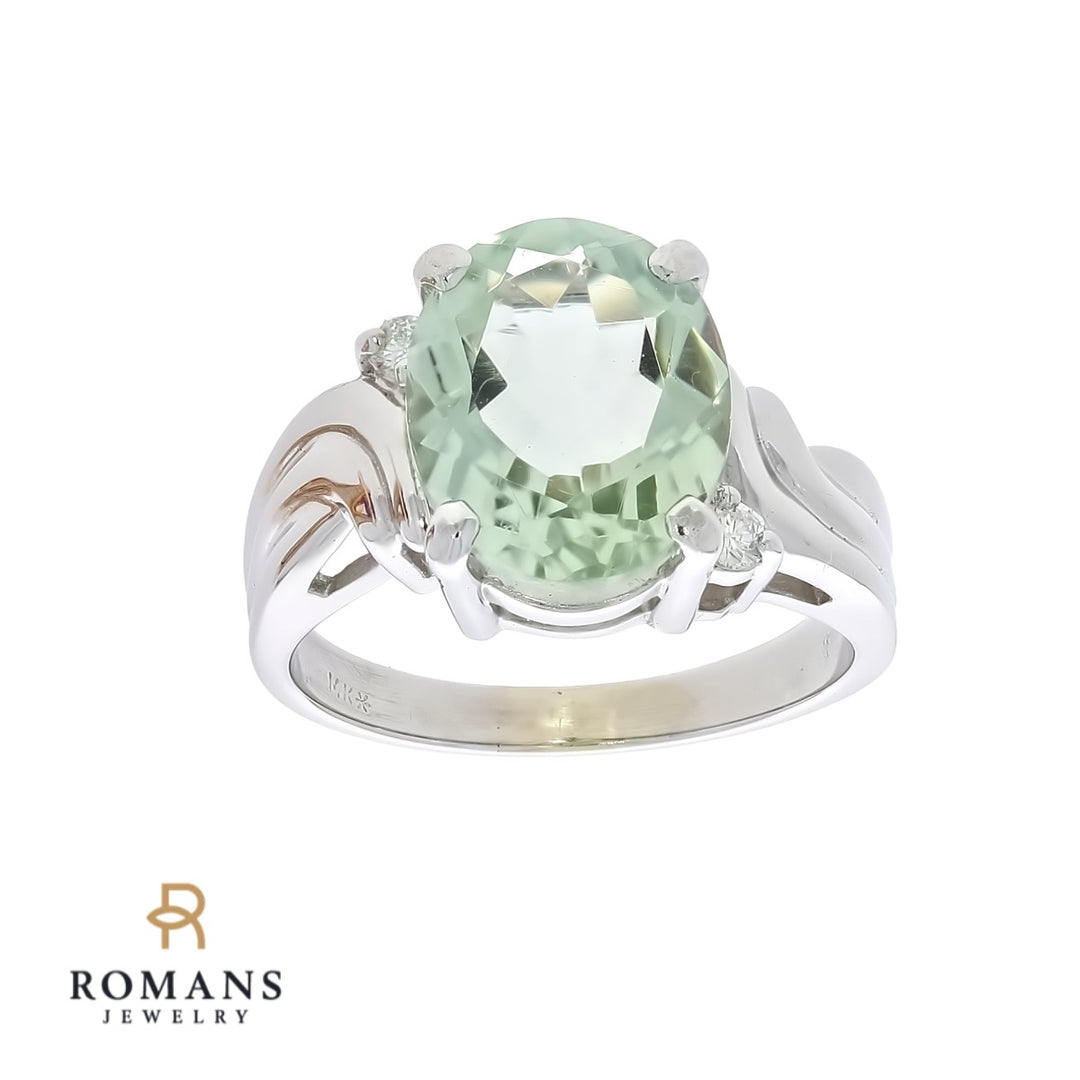 Green Amethyst Diamond Ring 14K White Gold 4 CT