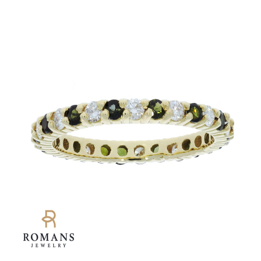 Green Tourmaline Diamond Eternity Band 18K Yellow Gold