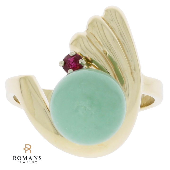 Jade and Ruby Ring 14K Yellow Gold