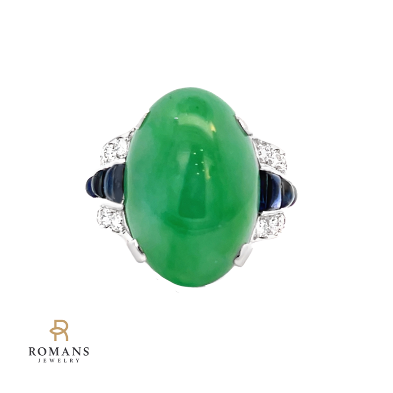 Jadeite Jade Sapphire Diamond Ring Platinum GIA