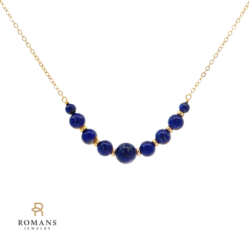 Lapis Beaded Cocktail Style Necklace 14K Yellow Gold