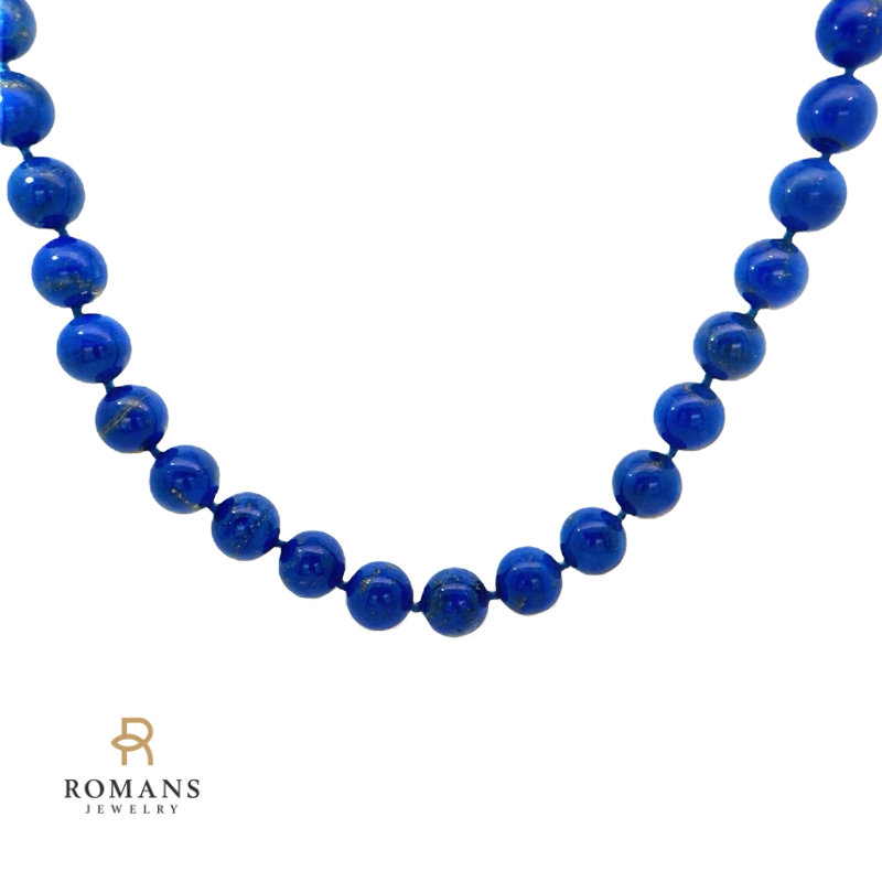 Lapis Beaded Strand Necklace Silver 12MM