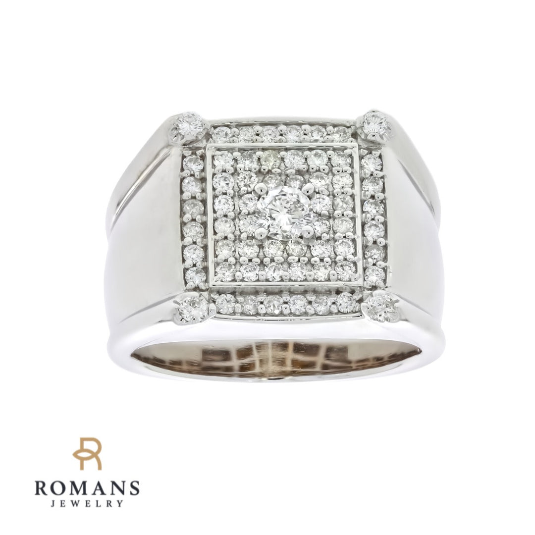 Men's Diamond Square Ring 14K White Gold .82 CTW