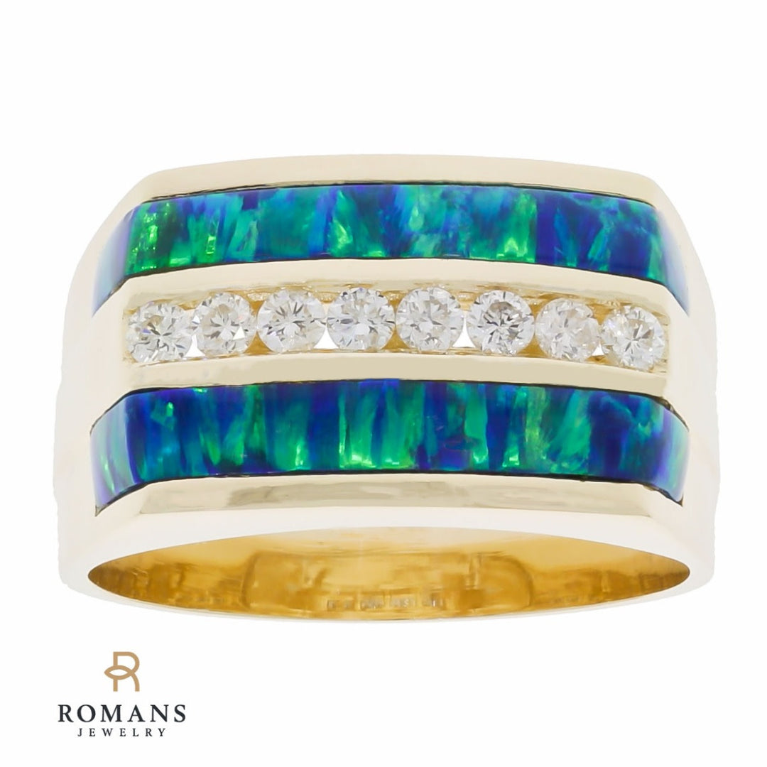 Men's Modern Synthetic Opal Inlay Ring 14K Yellow Gold