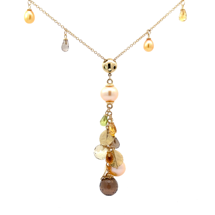 Multi-Gemstones and Pearls Y-Necklace 14K Yellow Gold