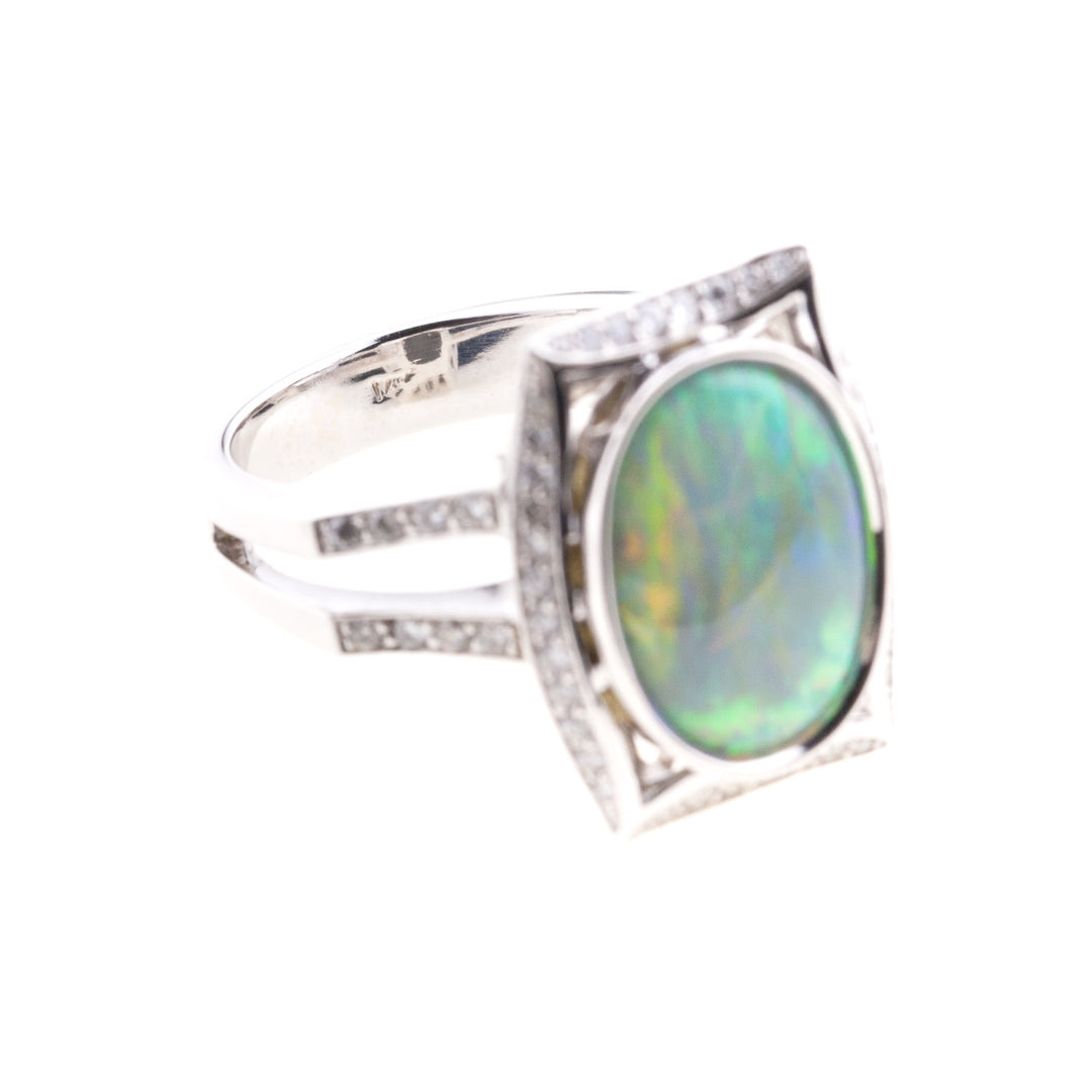 Natural Black Opal & Diamond 14K White Gold Ring