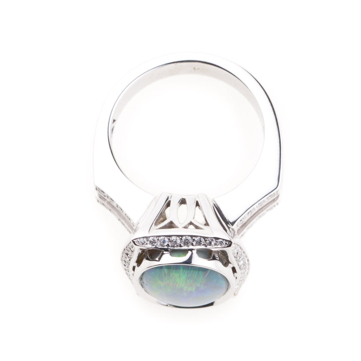 Natural Black Opal & Diamond 14K White Gold Ring