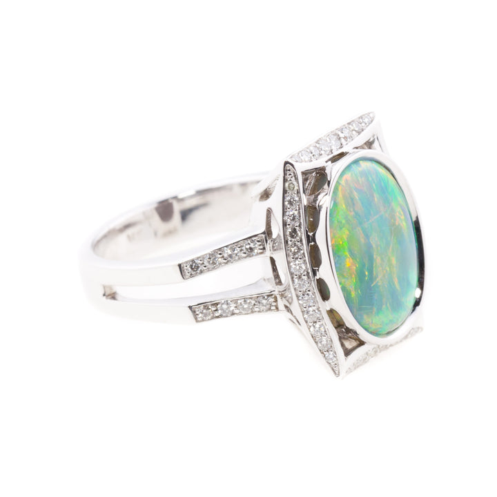 Natural Black Opal & Diamond 14K White Gold Ring