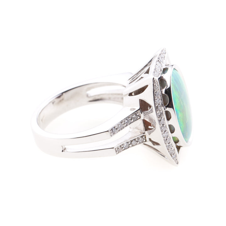 Natural Black Opal & Diamond 14K White Gold Ring