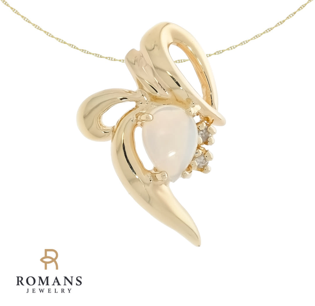 Natural Cabochon Opal & Diamond Swirl Pendant 14K Yellow Gold