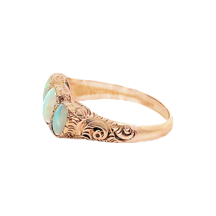 Vintage Opal Three Stone Engraved Ring 14K Rose Gold 1.10CTW