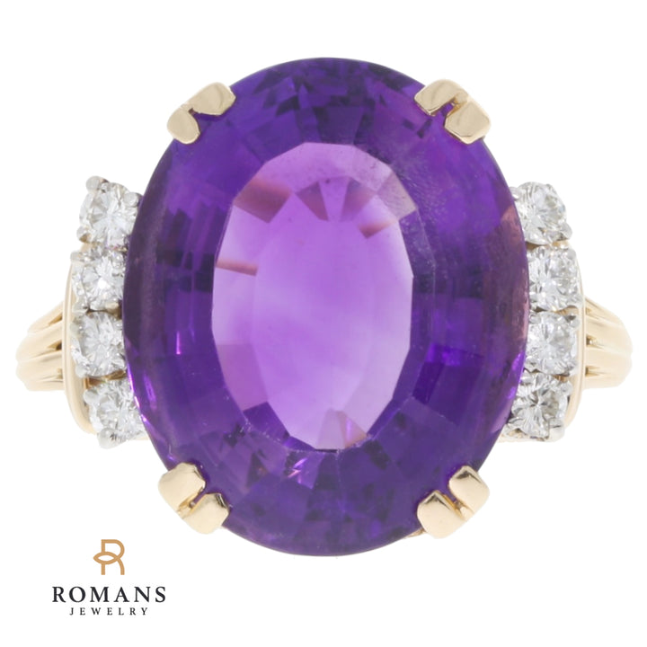 Oval Amethyst Diamond Ring 14K Yellow Gold 11.60CT