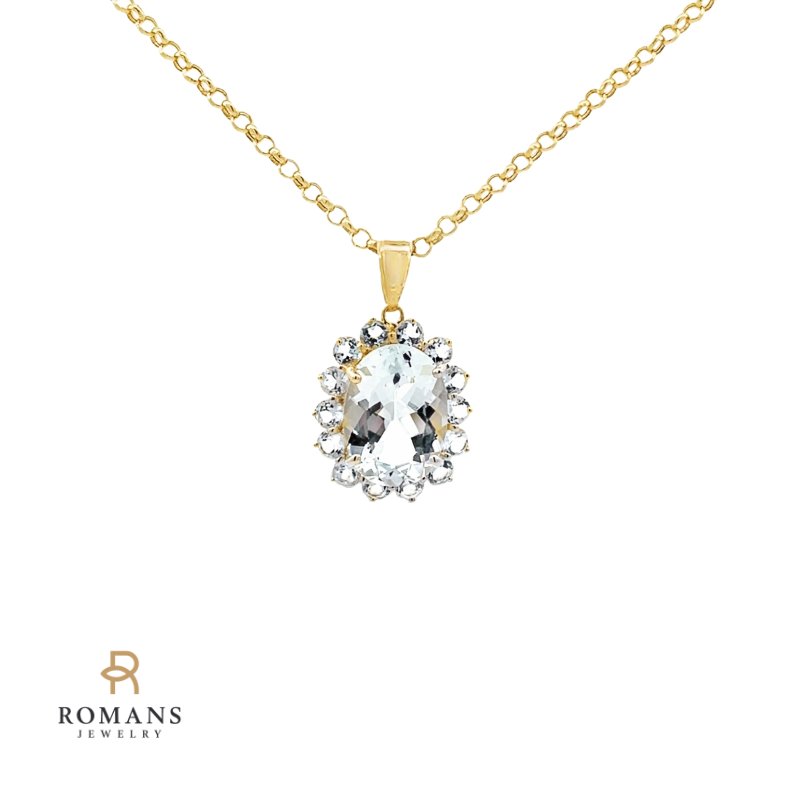 Oval Aquamarine Pendant Halo 14K Yellow Gold 6.25CTW