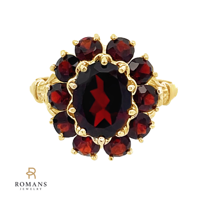 Oval Garnet Halo Cluster Ring 14K Yellow Gold 1.30CTW
