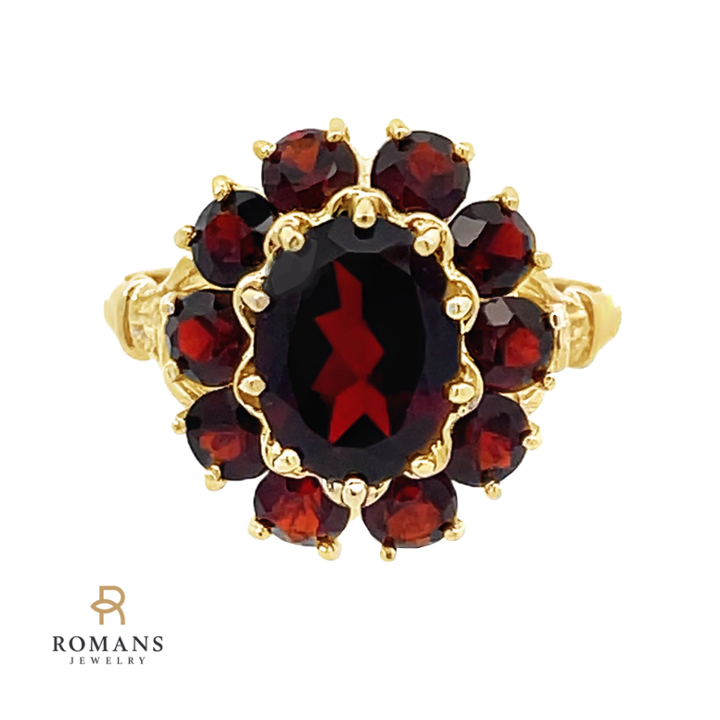 Oval Garnet Halo Cluster Ring 14K Yellow Gold 1.30CTW