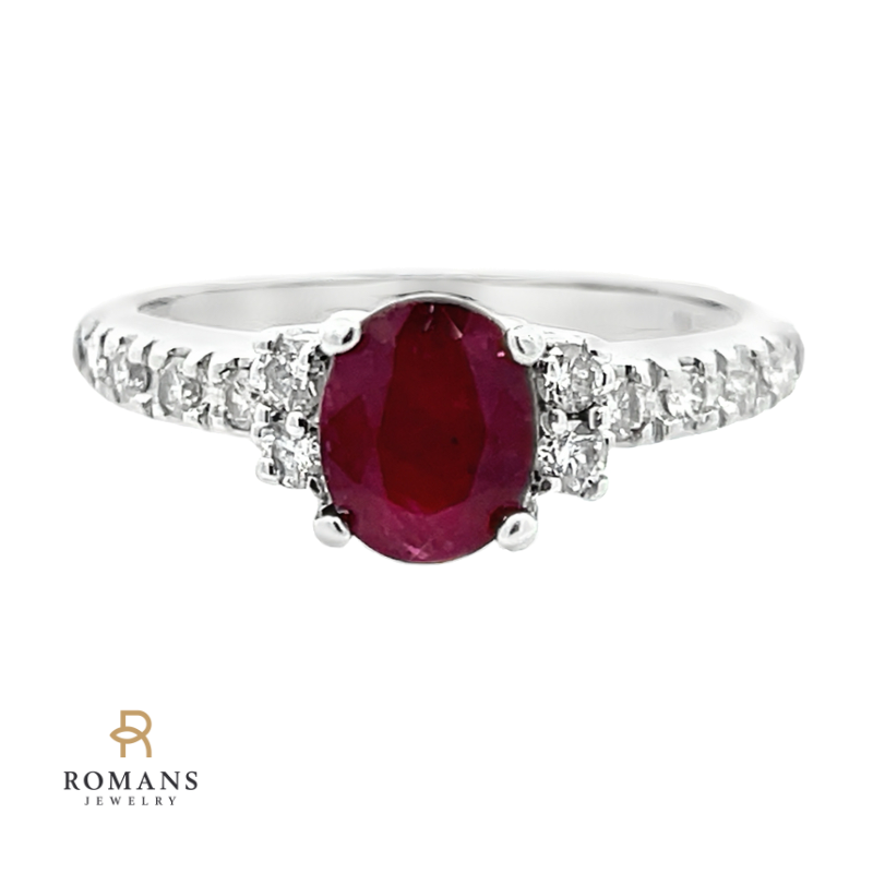 Oval Ruby Diamond Ring 14K White Gold .69CT