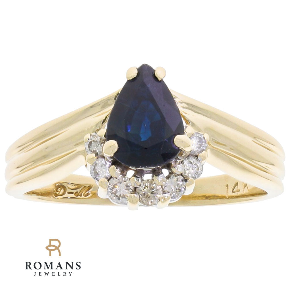 Pear Sapphire Diamond Ring 14K Yellow Gold .75 CT