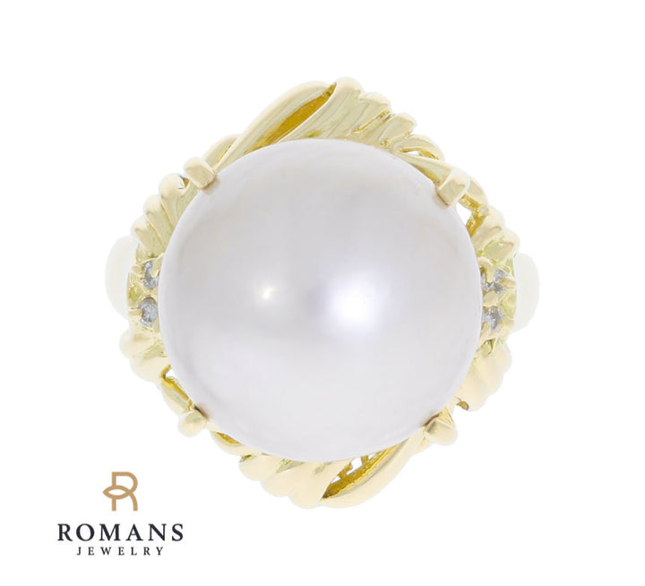 Pearl Diamond Ring 18K Yellow Gold 14MM