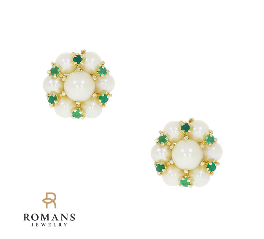 Pearl Emerald Cluster Omega Backs 14K Yellow Gold