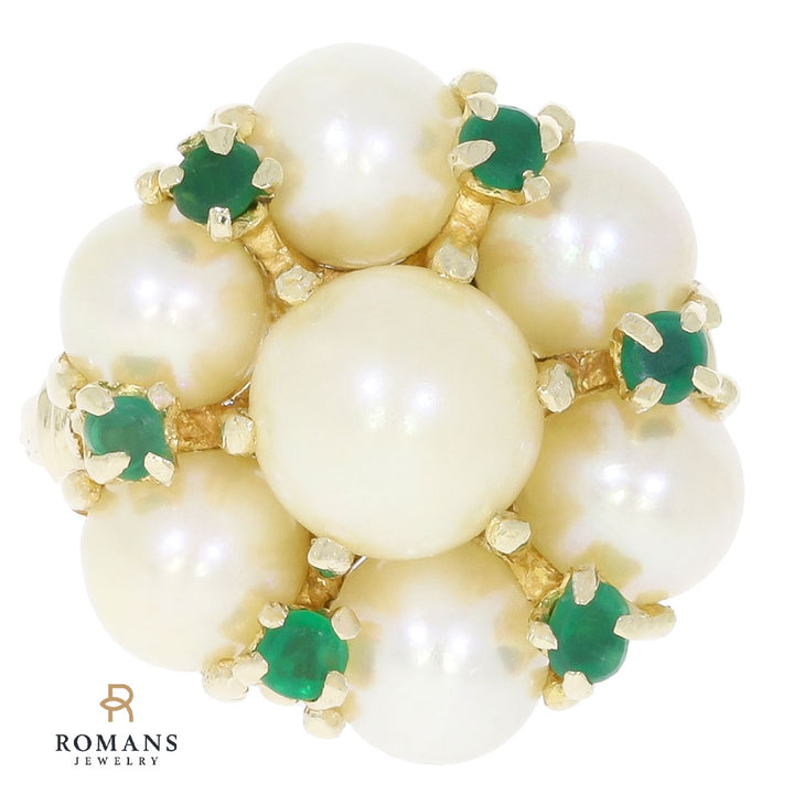 Pearl Emerald Cluster Ring 14K Yellow Gold