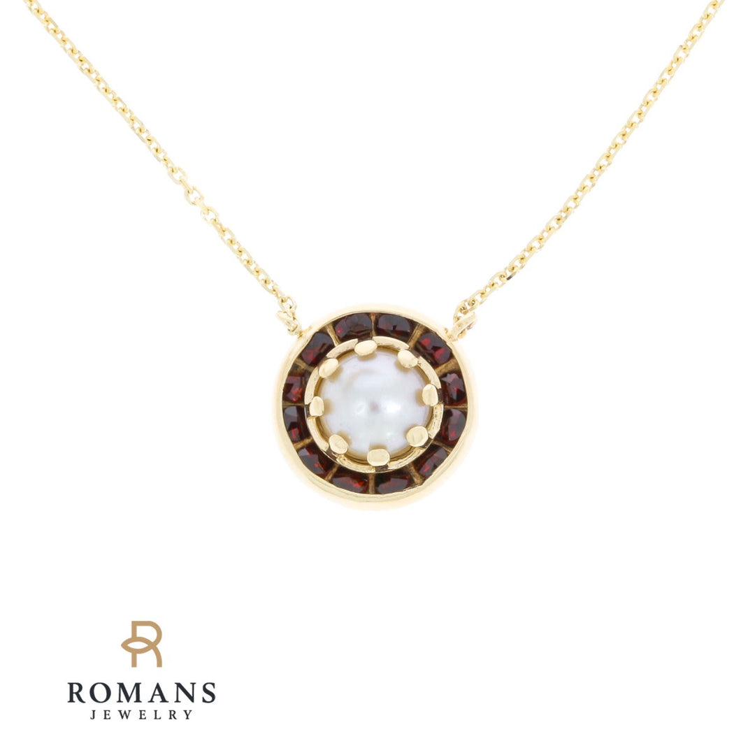 Pearl Garnet Halo Floating Necklace 14K Yellow Gold