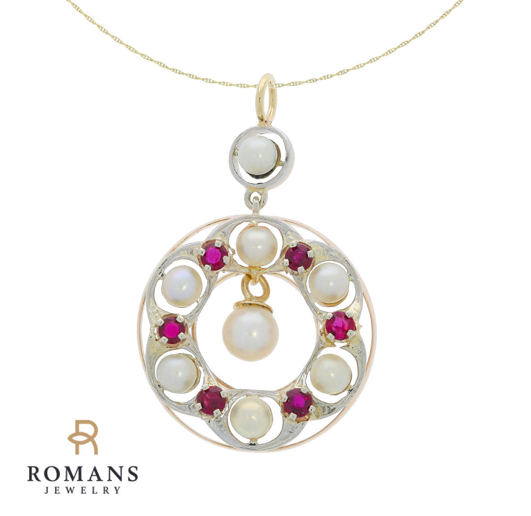 Pearl Ruby 1950's Pendant 14K Yellow Gold Platinum