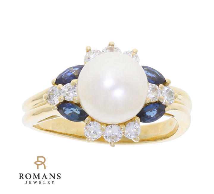 Pearl Sapphire Diamond Ring 18K Yellow Gold