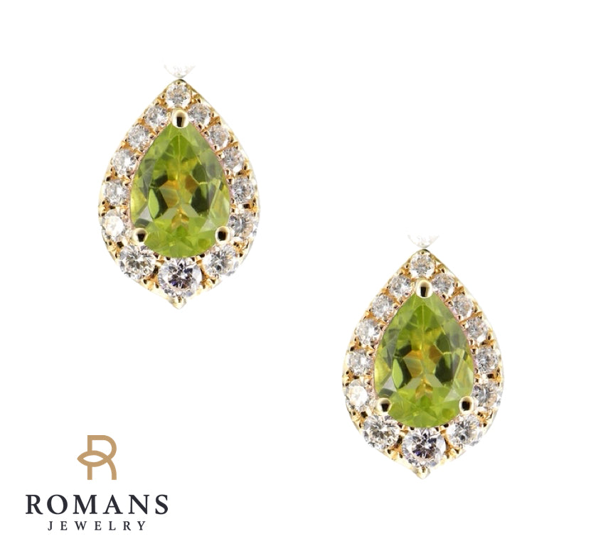 Peridot Pear Diamond Halo Earrings 14K Yellow Gold