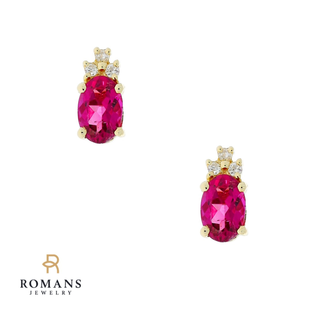 Pink Tourmaline Diamond Stud Earrings 14K Yellow Gold
