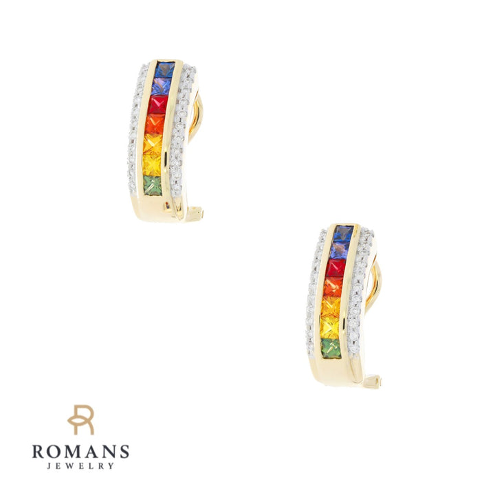 Rainbow Sapphire Diamond Earrings 14K Yellow Gold