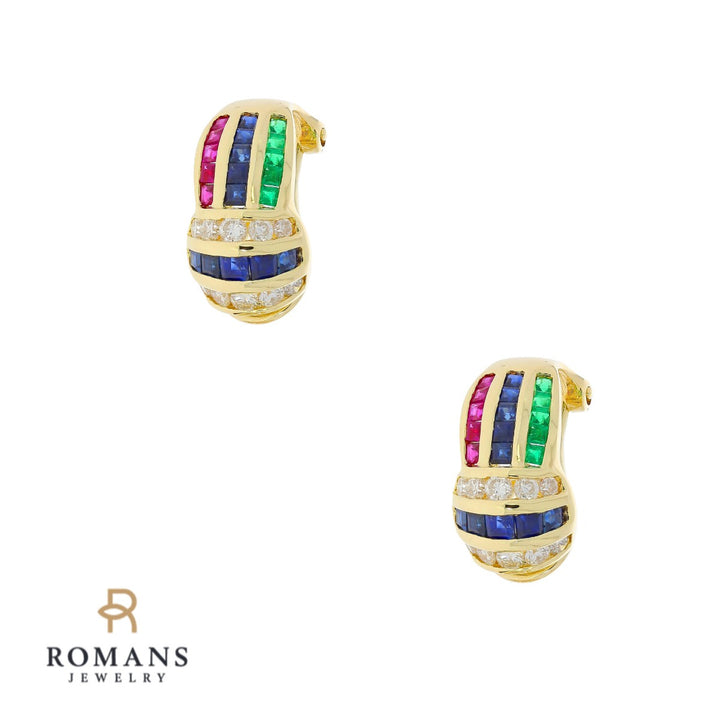 Rainbow Sapphire Emerald Ruby Diamond Hoops 18K Yellow Gold