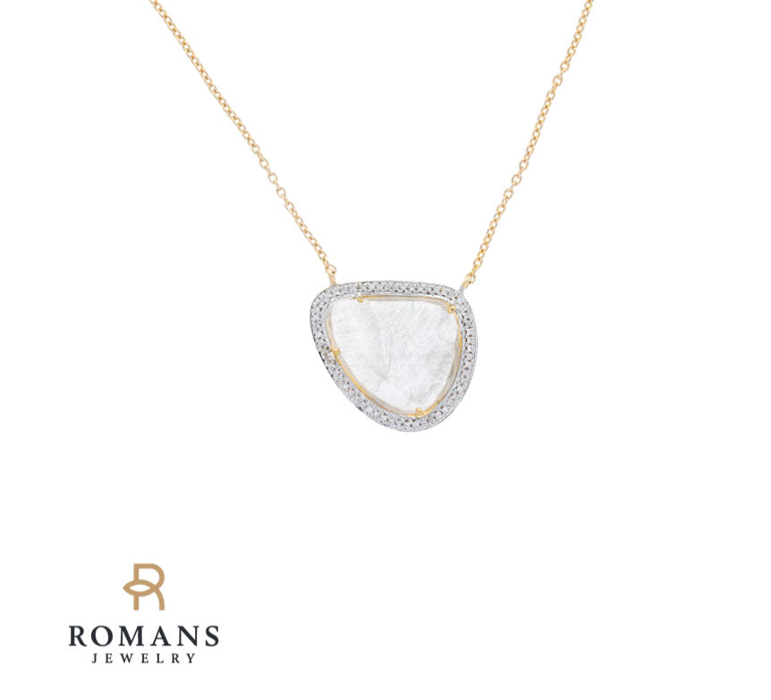 Raw Salt Pepper Diamond Halo Necklace 18K Two Tone .53CT