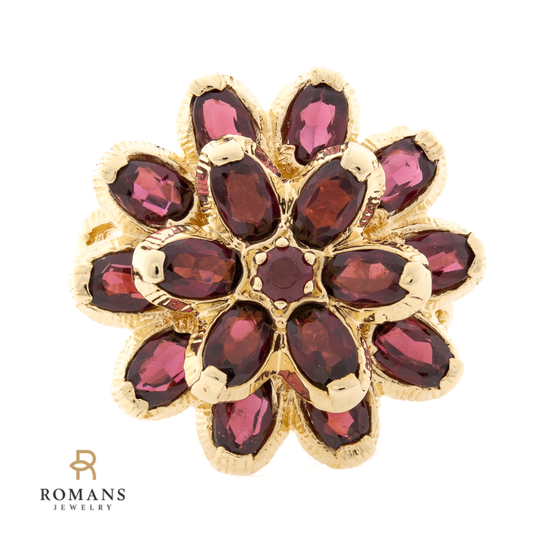Rhodolite Garnet Flower Ring 14K Yellow Gold 4 CTW