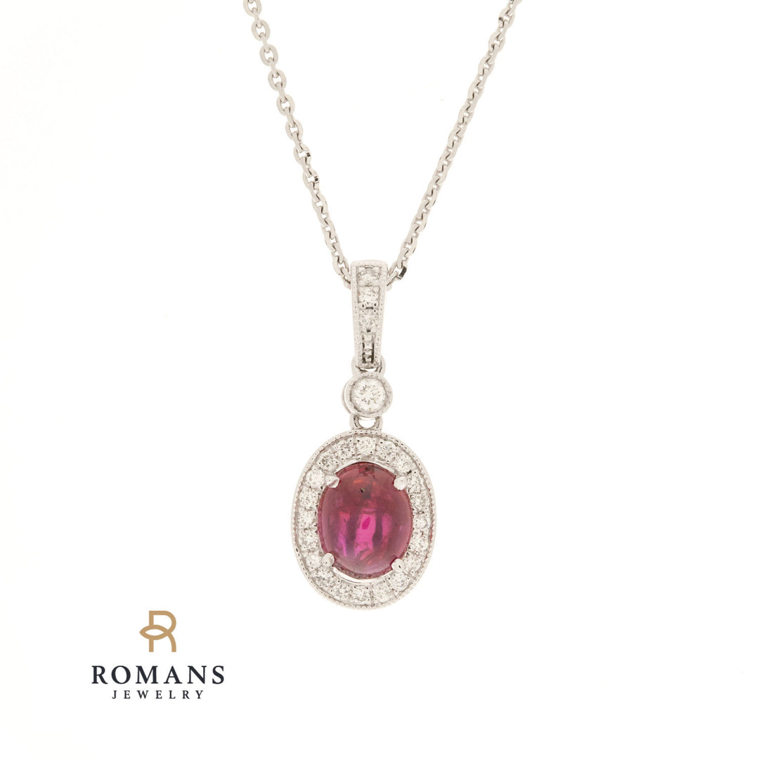 Ruby Diamond Filigree Cabochon Pendant 14K White Gold 1.28CT