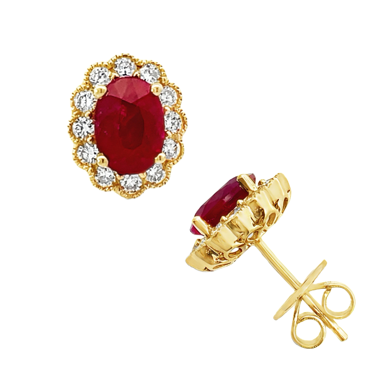 Ruby Diamond Halo Milgrain Stud Earrings 18K Yellow Gold 2CT