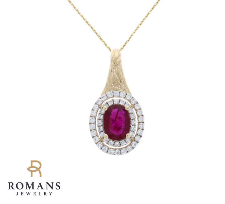 Ruby Double Diamond Halo Pendant 18K Two Tone 1.50CTW