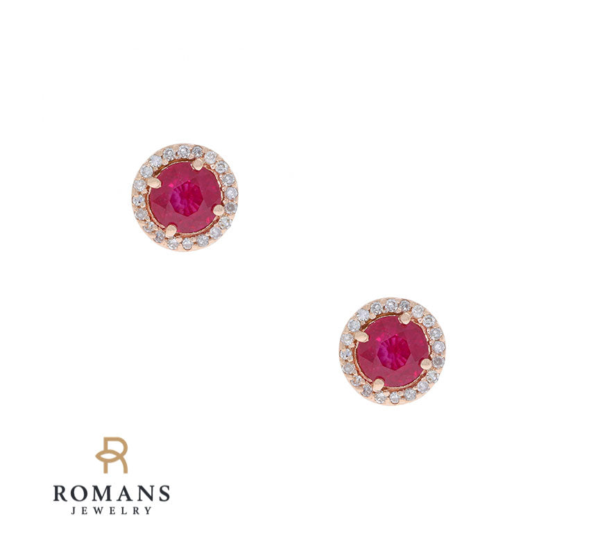 Ruby Glass Filled Diamond Halo Stud Earrings 14K Rose Gold