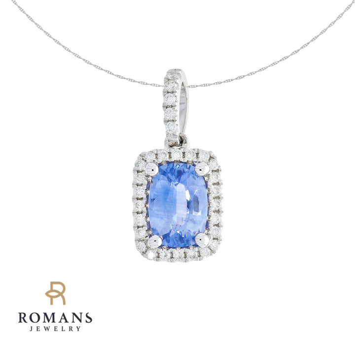 Sapphire Diamond Halo Pendant 14K White Gold .91CT