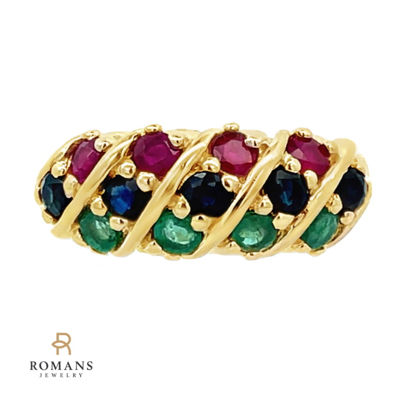 Sapphire Emerald Ruby Cluster Band 14K Yellow Gold 1.29CTW