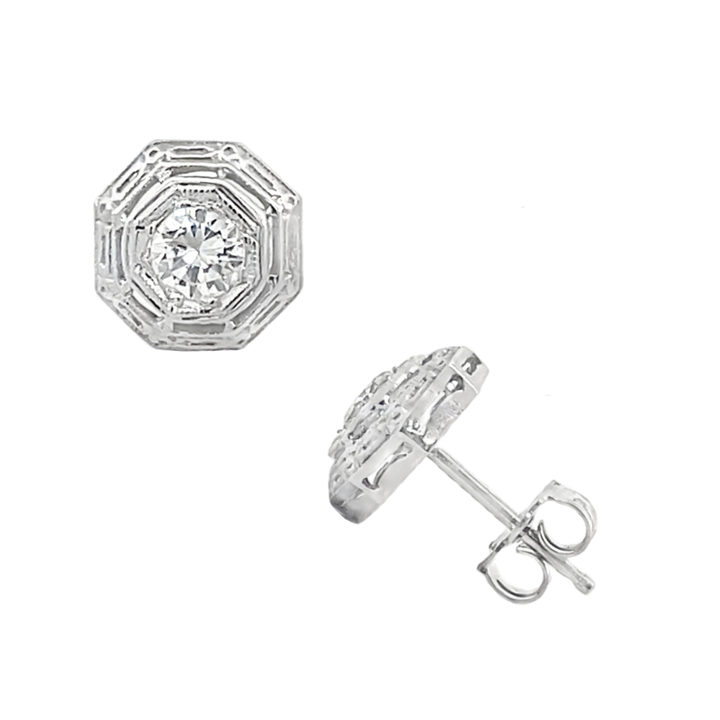 Diamond Art Deco 1950's Earrings 14K White Gold .65CTW
