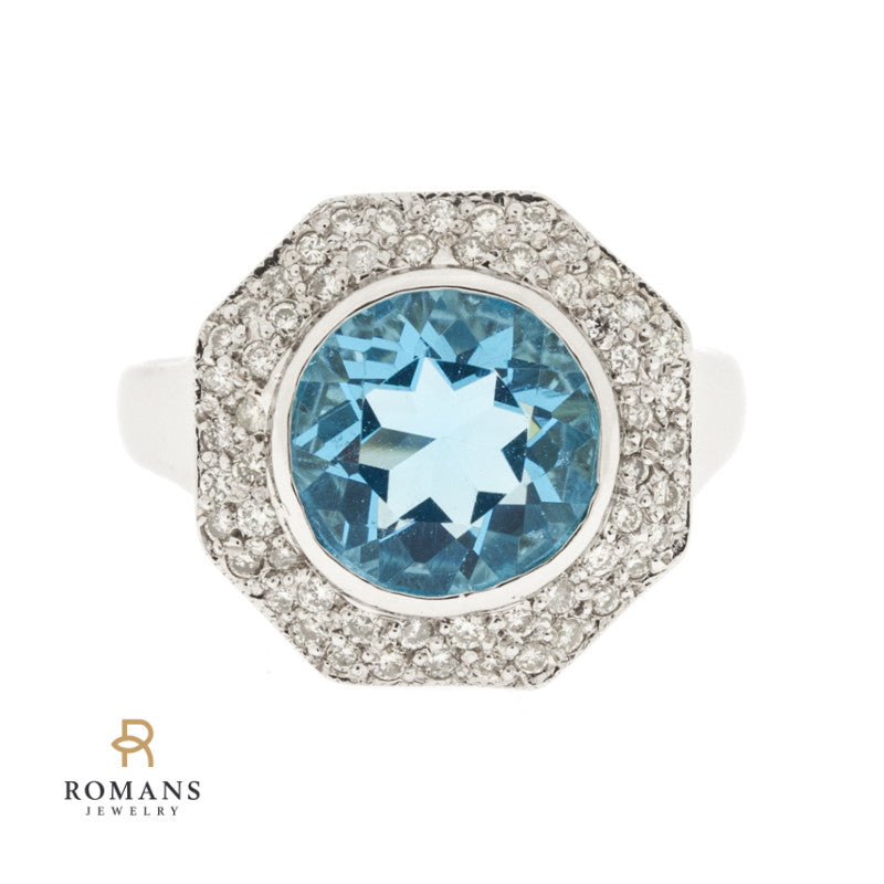 Swiss Blue Topaz Diamond Ring 14K White Gold 4CT