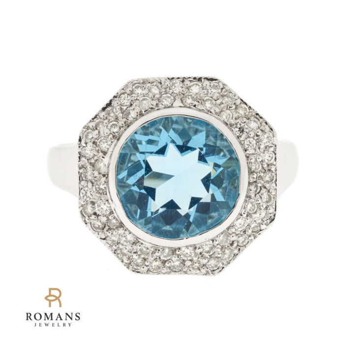 Swiss Blue Topaz Diamond Ring 14K White Gold 4CT