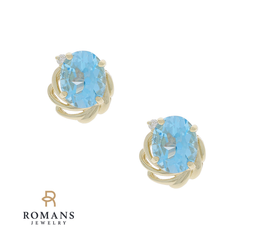 Swiss Blue Topaz Stud Earrings 14K Yellow Gold 6.24CTW