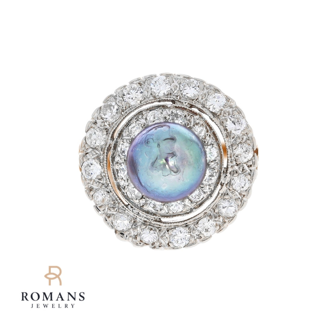 Tahitian Pearl Diamond 1950's Ring 14K Two Tone .75 CT