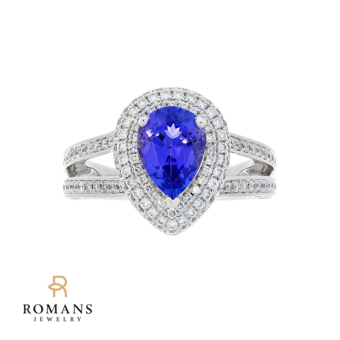 Tanzanite Diamond Halo Pave' Ring 14K White Gold 1.66CT