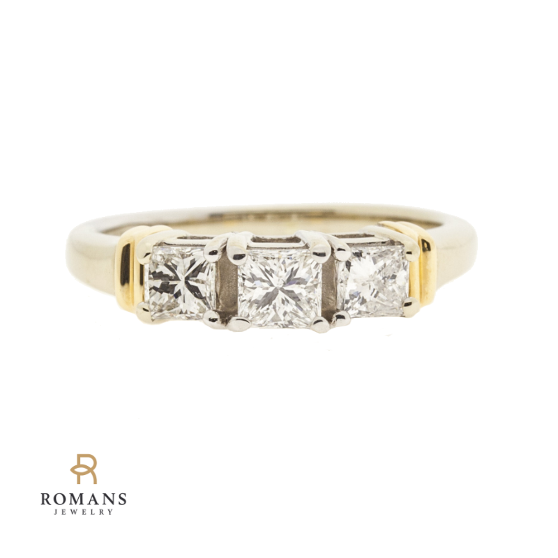 Three Stone Princess Cut Diamond Ring 14K Two Tone