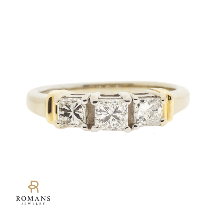 Three Stone Princess Cut Diamond Ring 14K Two Tone